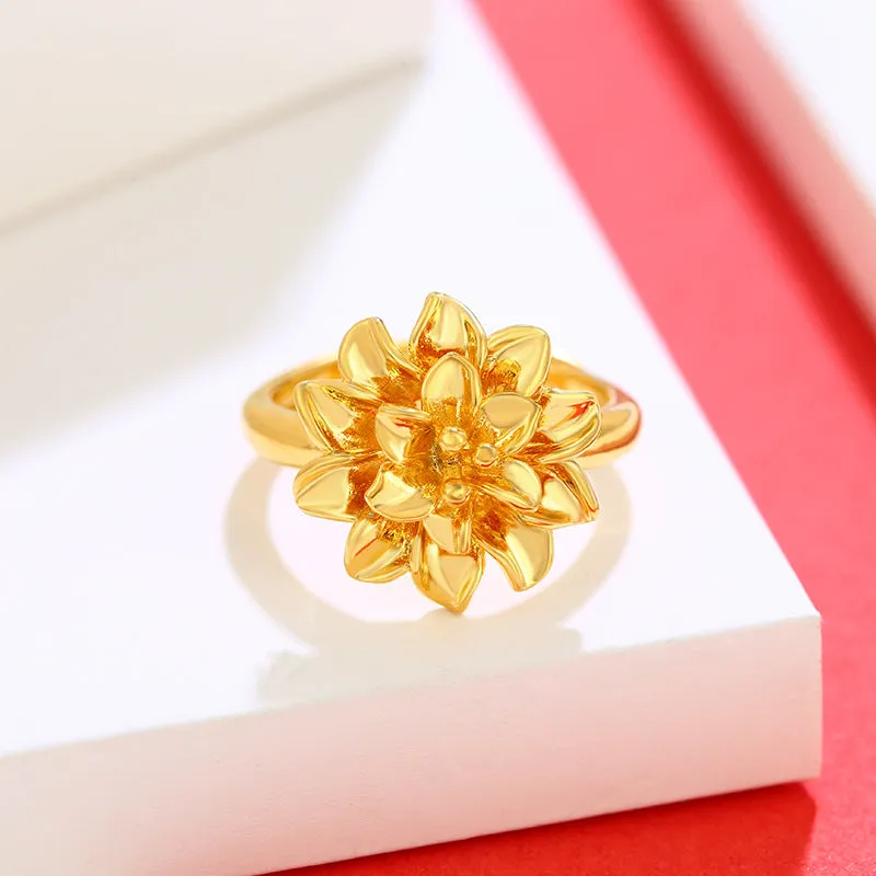 Jewelry Plated 24K Gold Alloy Flower Ring Women's Design Niche Retro Ring Wedding Ring