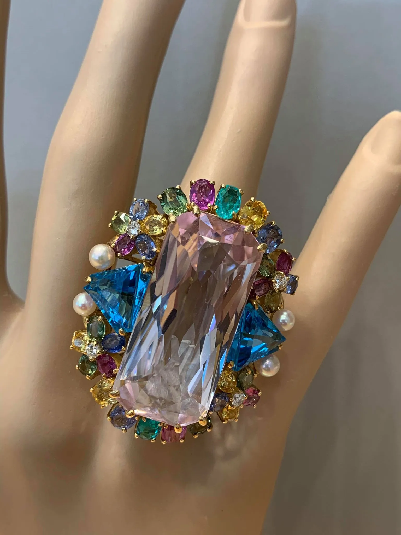 Large Kunzite Diamond Paraiba Sapphire Topaz Gold Cocktail Ring