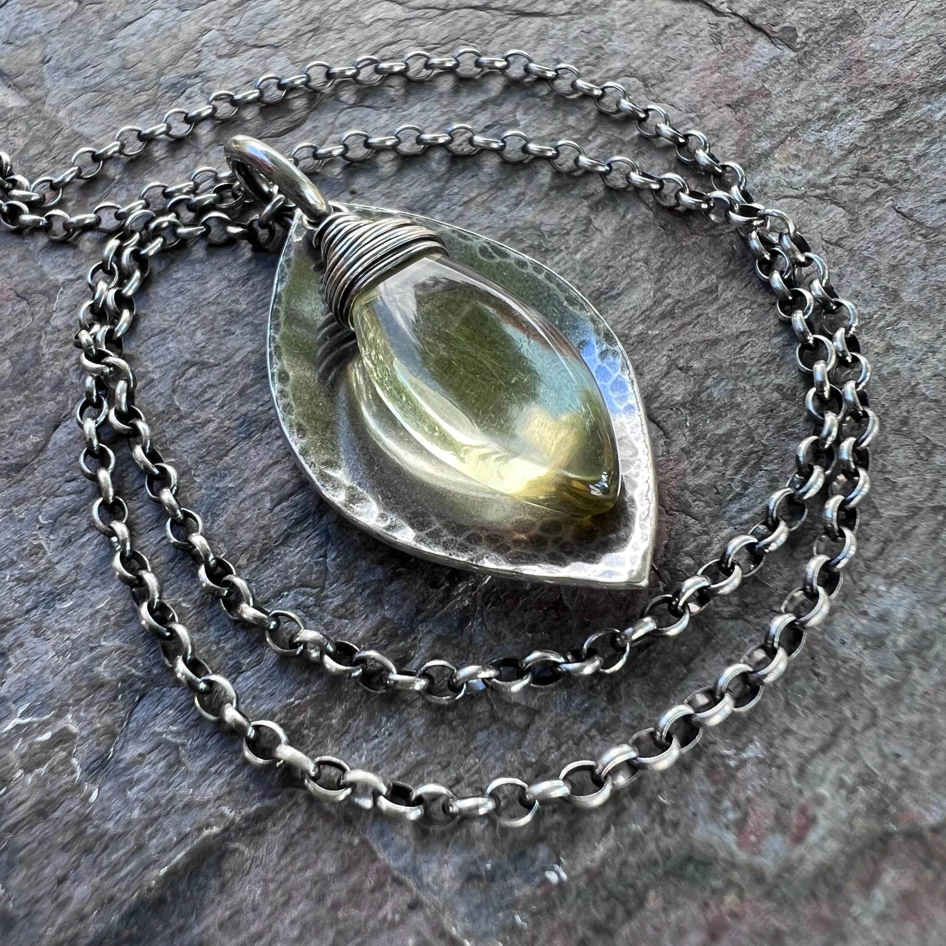 Lemon Quartz and Sterling Silver Necklace - Lemon Quartz and Sterling Silver Marquise Pendant on Sterling Silver Chain