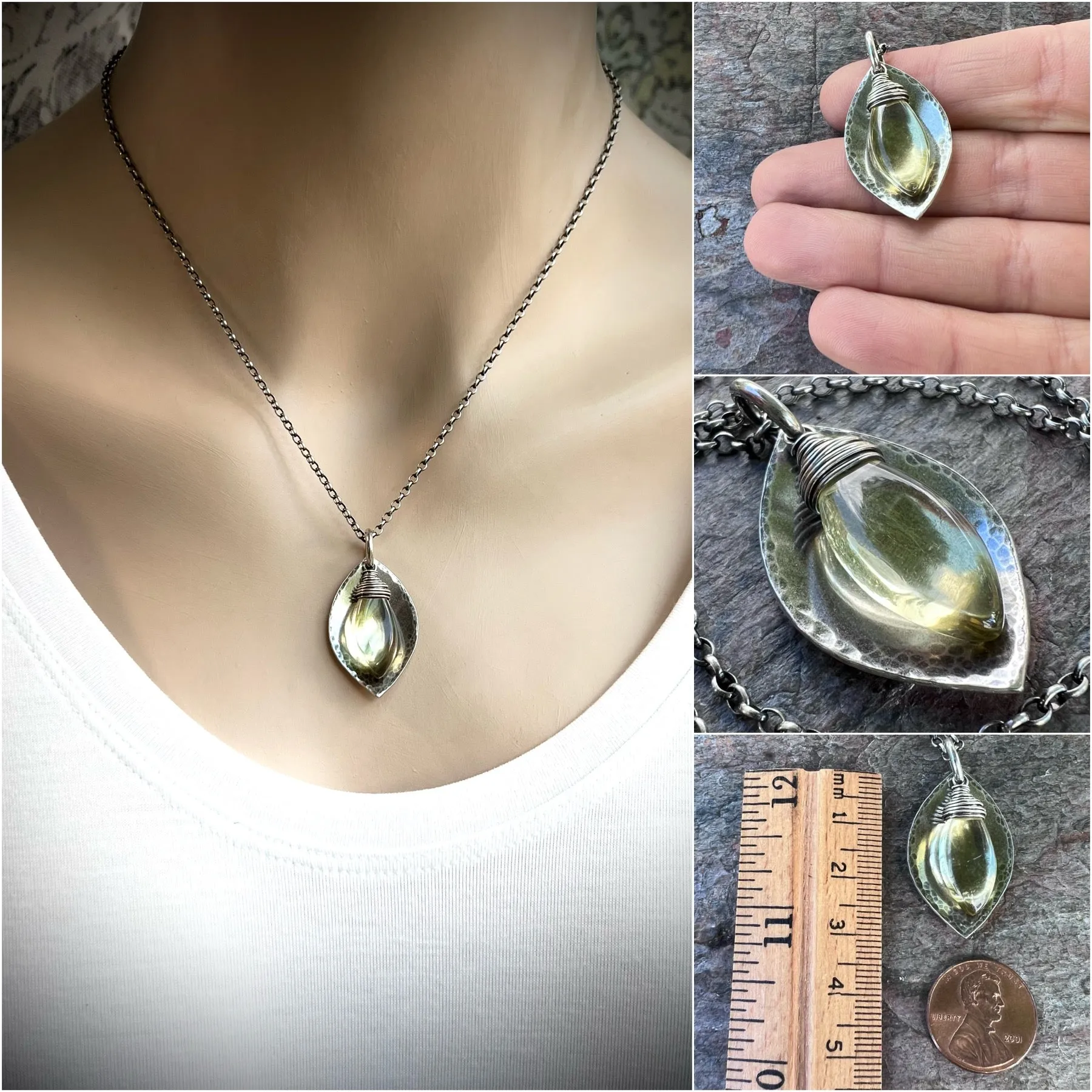 Lemon Quartz and Sterling Silver Necklace - Lemon Quartz and Sterling Silver Marquise Pendant on Sterling Silver Chain