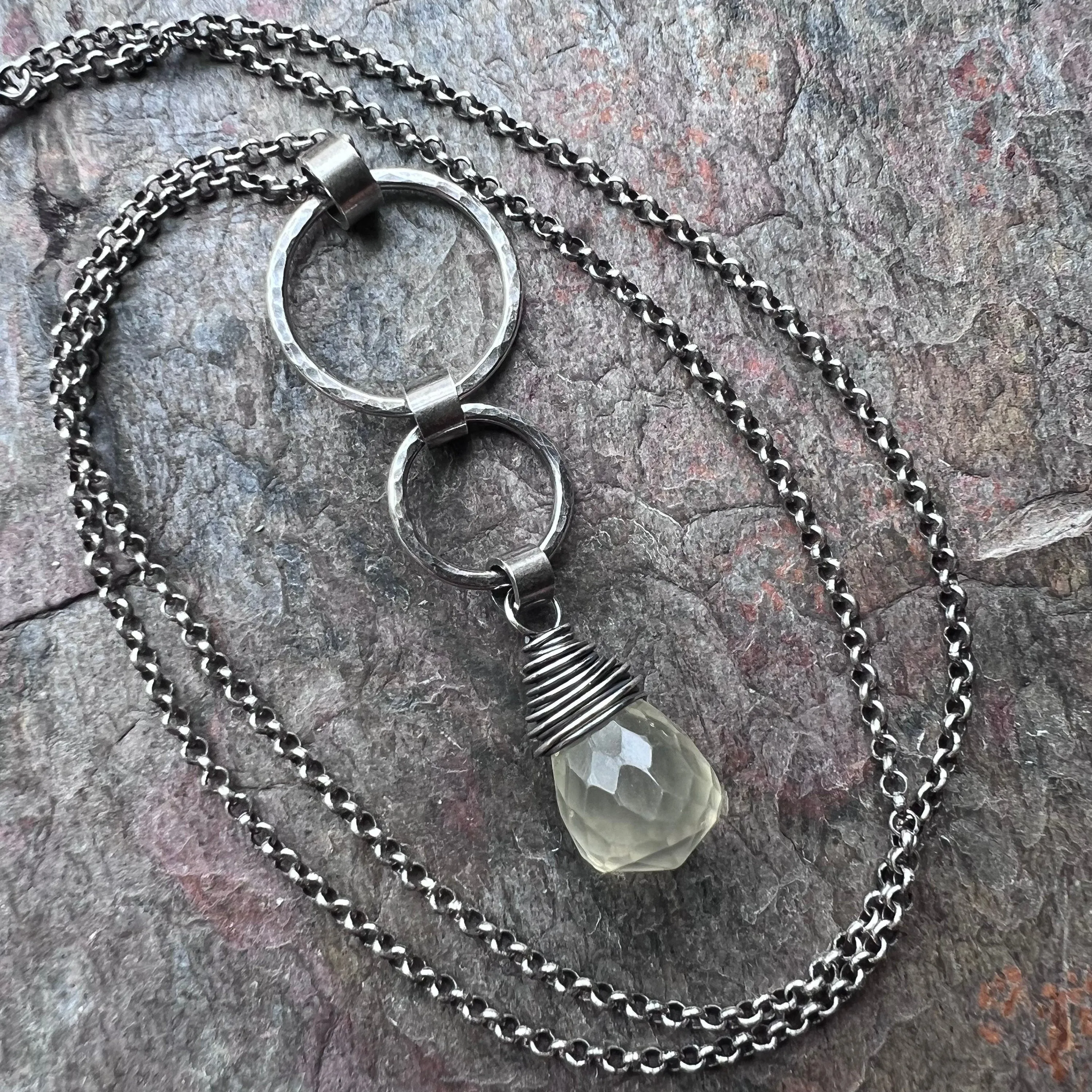 Lemon Quartz and Sterling Silver Necklace - Lemon Quartz and Sterling Silver Rings Pendant on Sterling Silver Chain