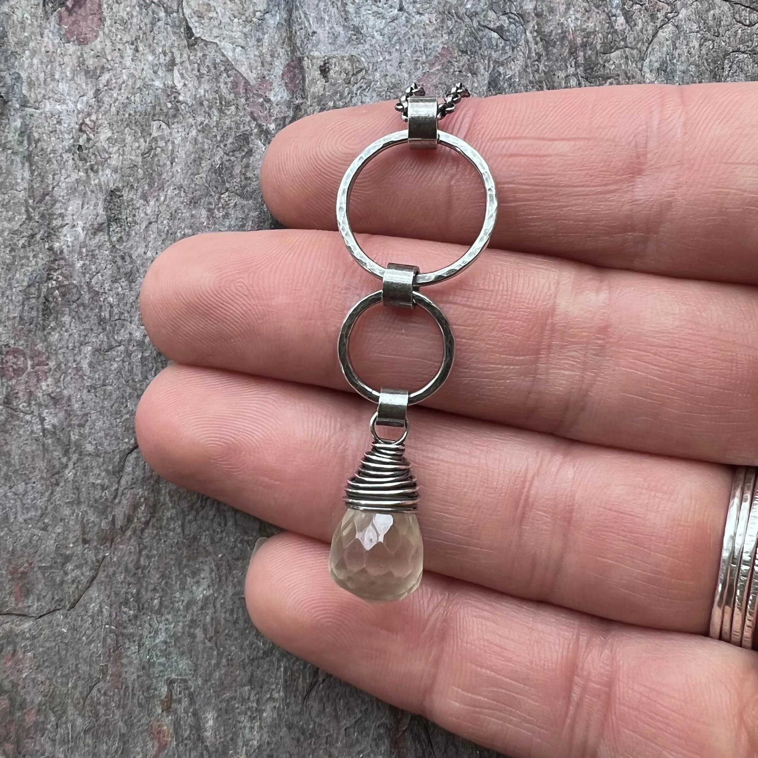 Lemon Quartz and Sterling Silver Necklace - Lemon Quartz and Sterling Silver Rings Pendant on Sterling Silver Chain