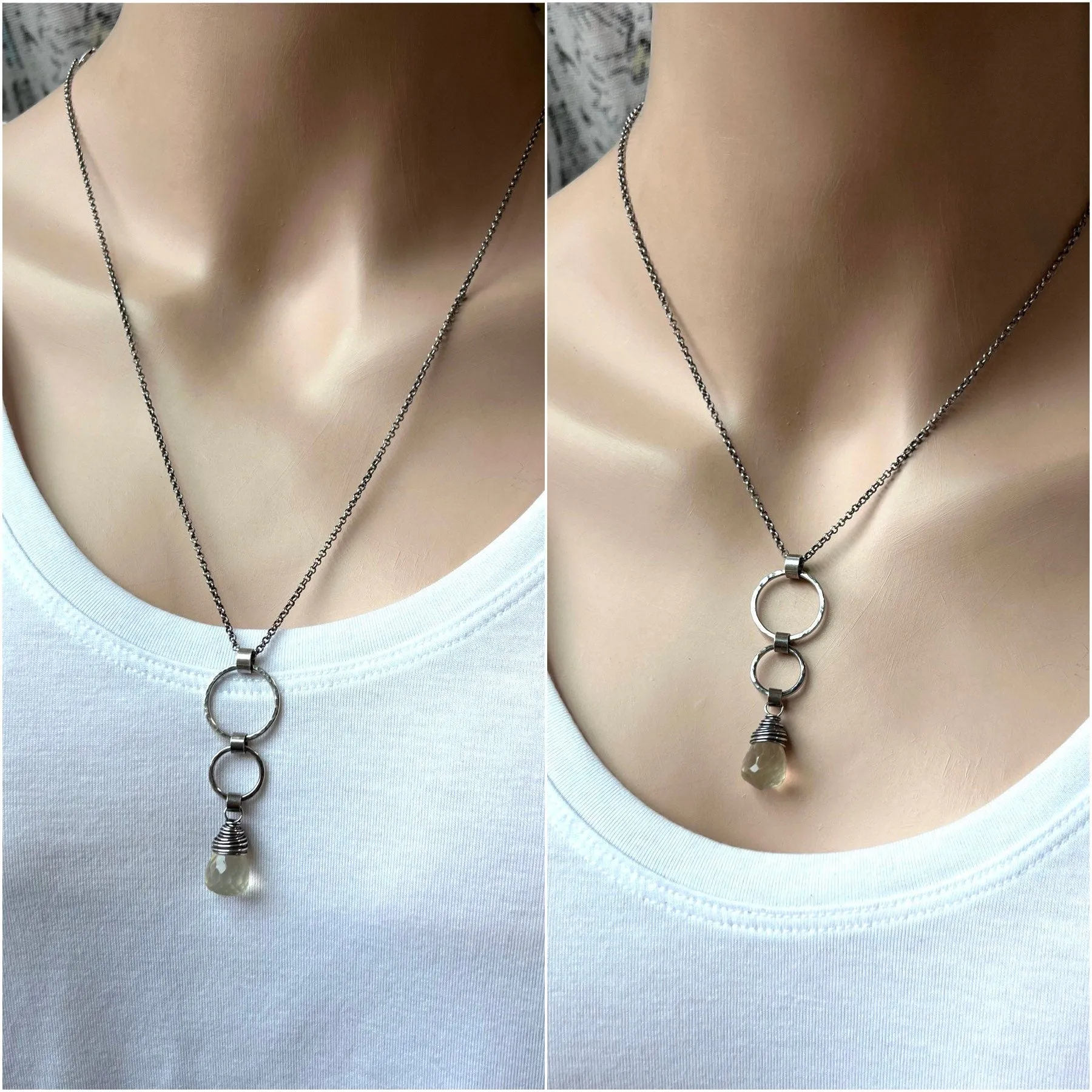 Lemon Quartz and Sterling Silver Necklace - Lemon Quartz and Sterling Silver Rings Pendant on Sterling Silver Chain