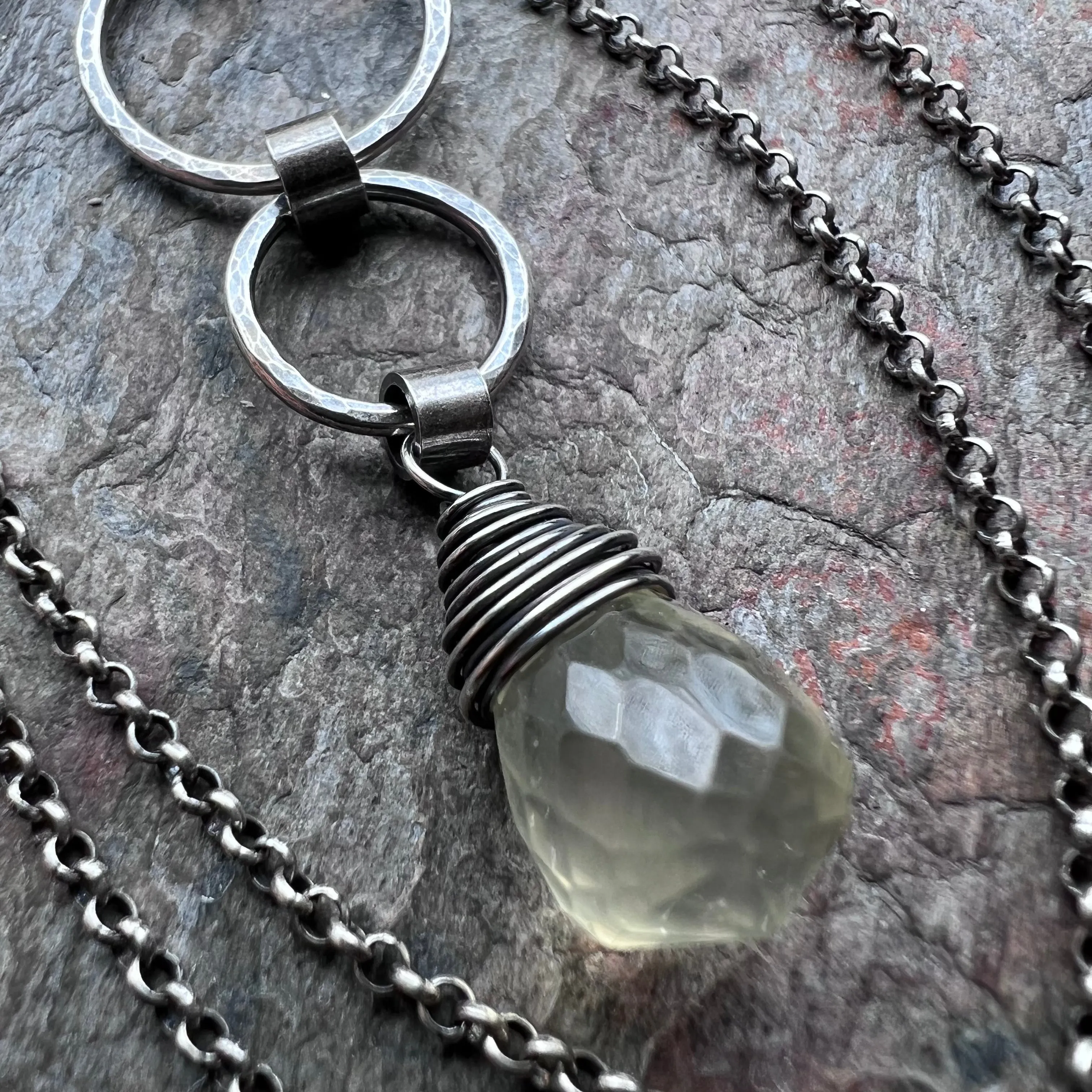 Lemon Quartz and Sterling Silver Necklace - Lemon Quartz and Sterling Silver Rings Pendant on Sterling Silver Chain