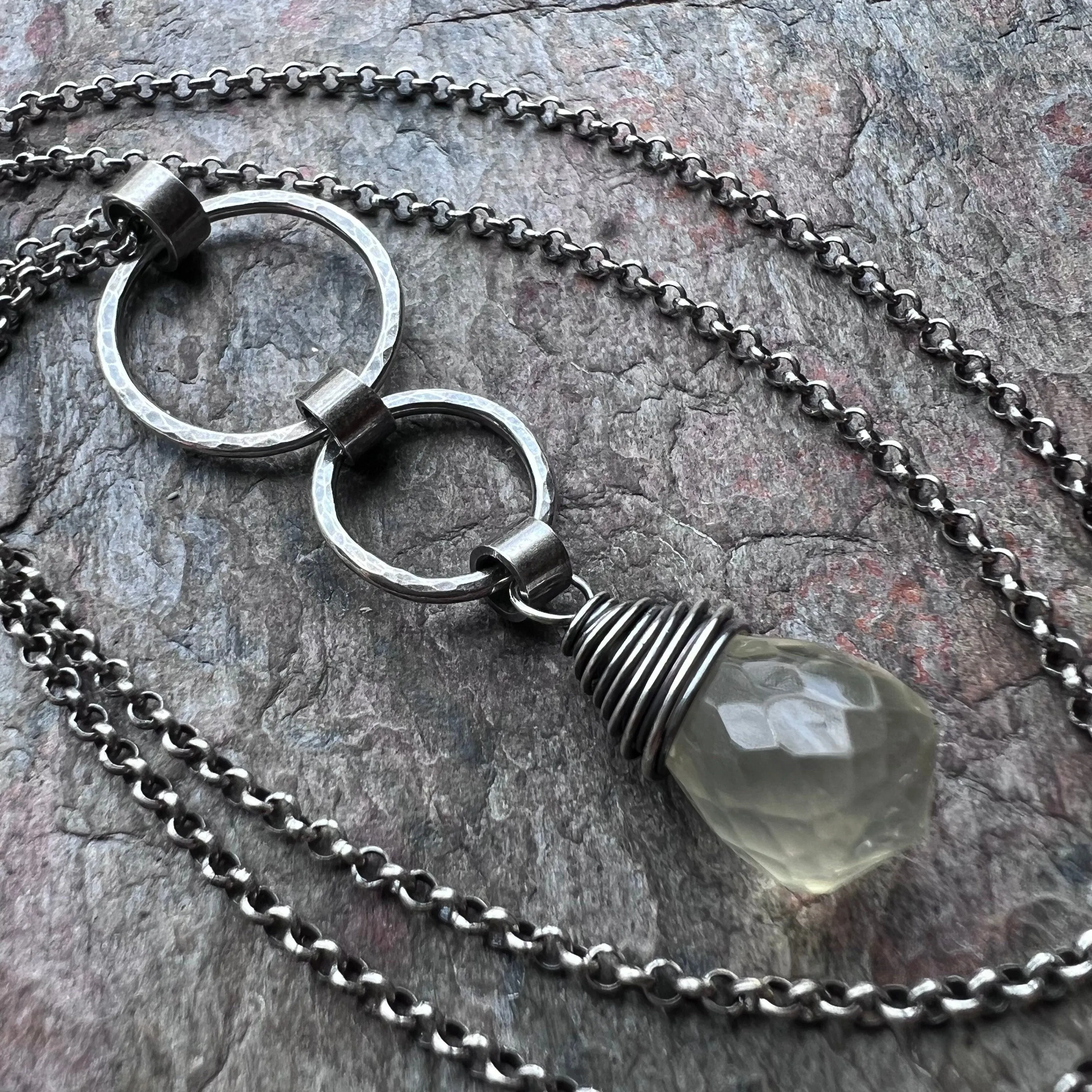 Lemon Quartz and Sterling Silver Necklace - Lemon Quartz and Sterling Silver Rings Pendant on Sterling Silver Chain