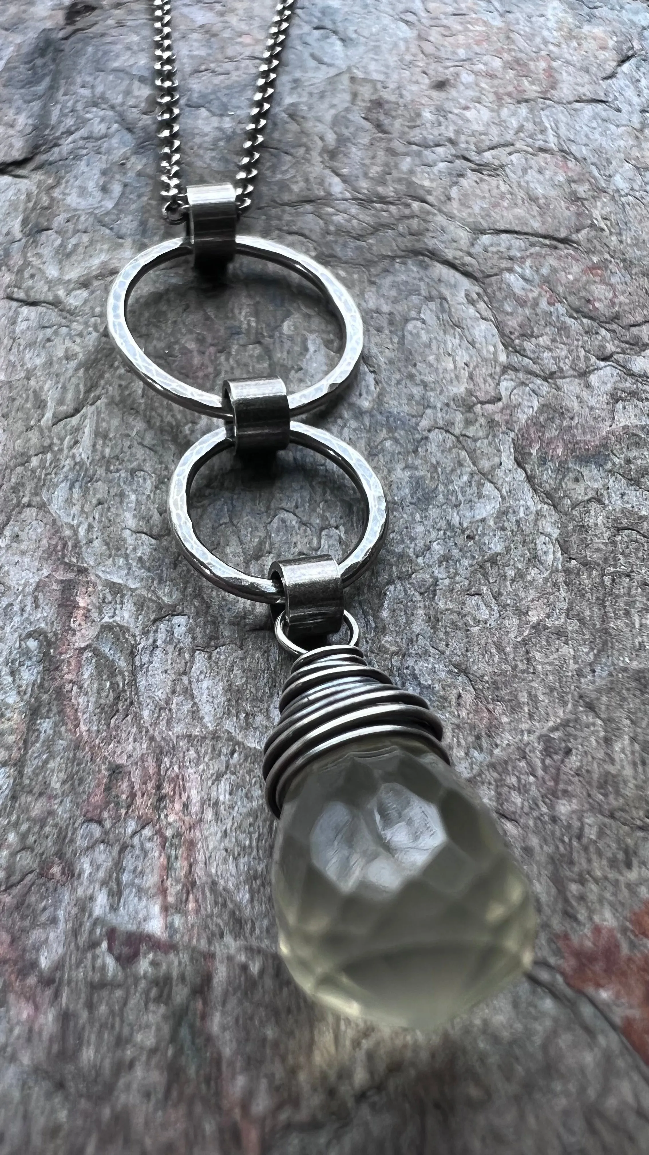 Lemon Quartz and Sterling Silver Necklace - Lemon Quartz and Sterling Silver Rings Pendant on Sterling Silver Chain