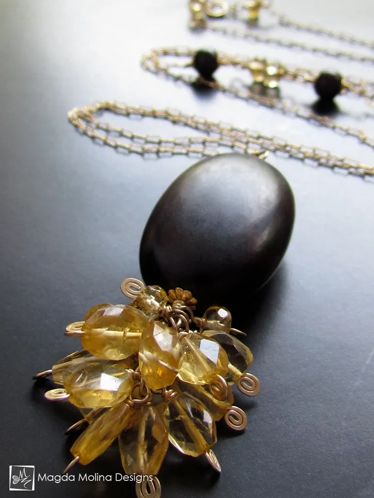 Long Citrine Cluster and Ebony Wood Necklace