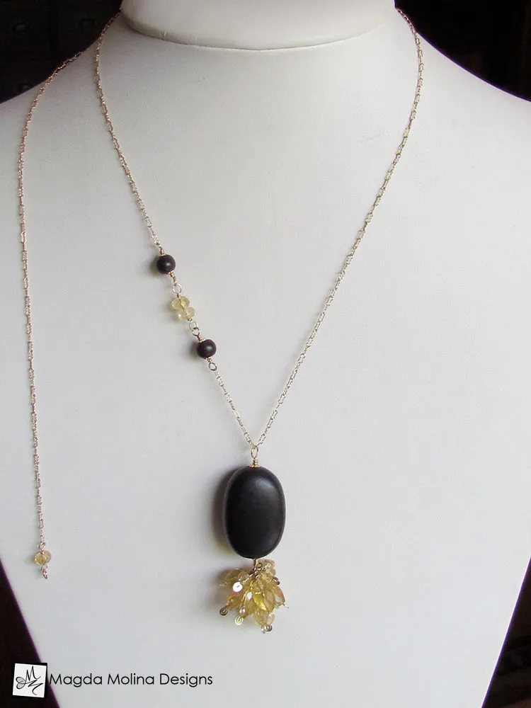Long Citrine Cluster and Ebony Wood Necklace