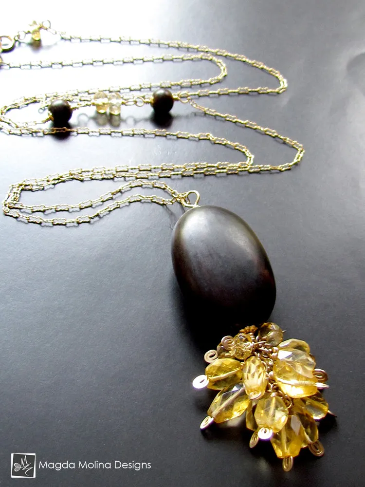 Long Citrine Cluster and Ebony Wood Necklace