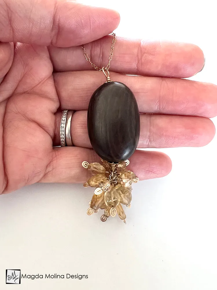 Long Citrine Cluster and Ebony Wood Necklace