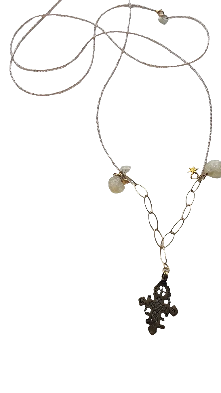 Long ethnic Necklace - Pearls and Citrine