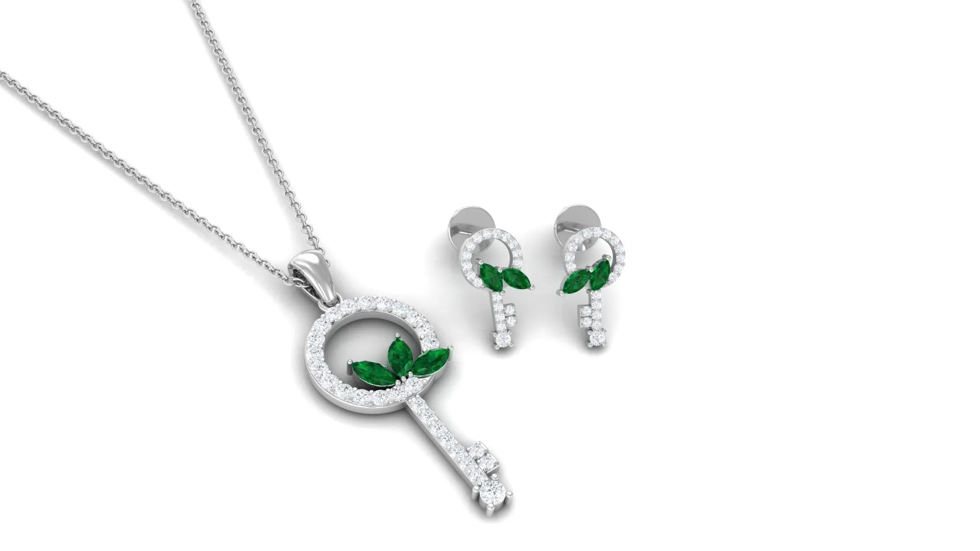Marquise Cut Emerald and Diamond Key Pendant and Earrings