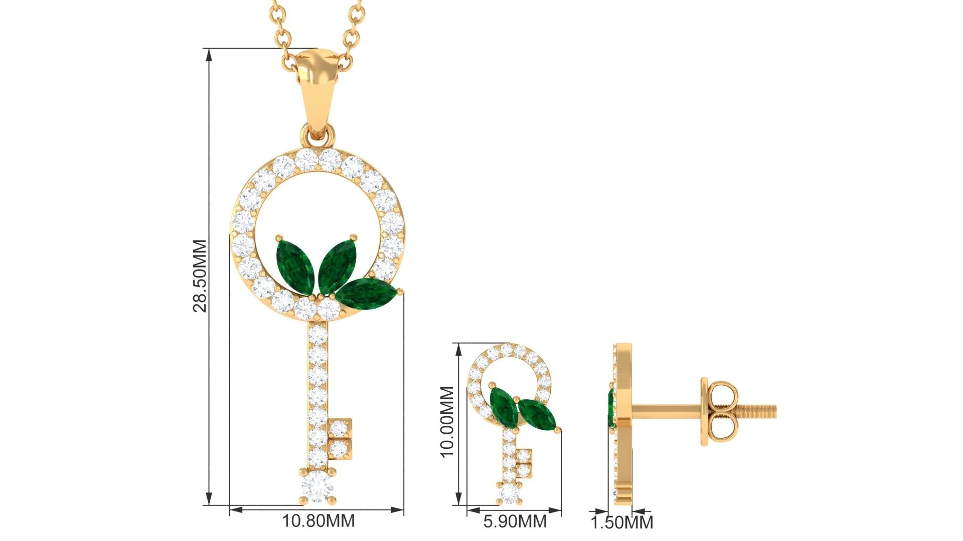 Marquise Cut Emerald and Diamond Key Pendant and Earrings