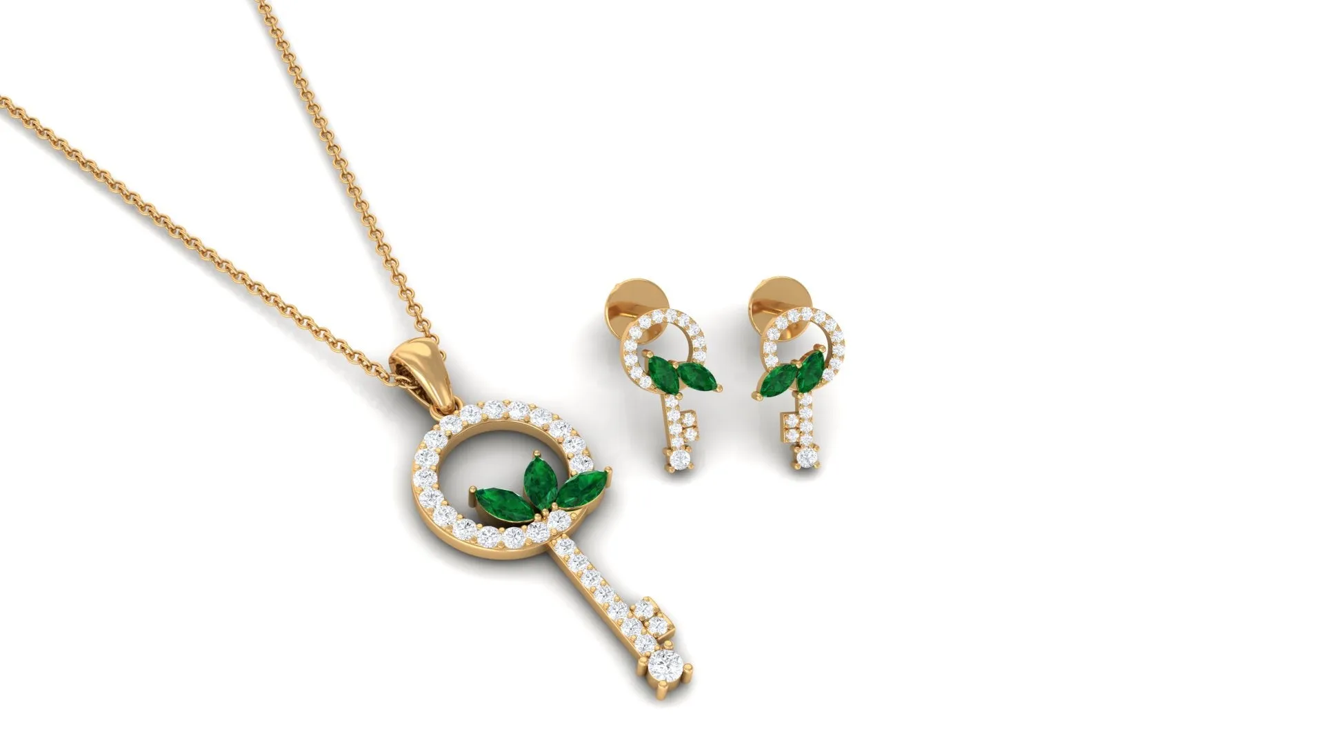 Marquise Cut Emerald and Diamond Key Pendant and Earrings