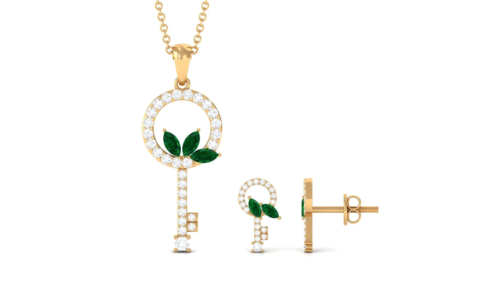 Marquise Cut Emerald and Diamond Key Pendant and Earrings