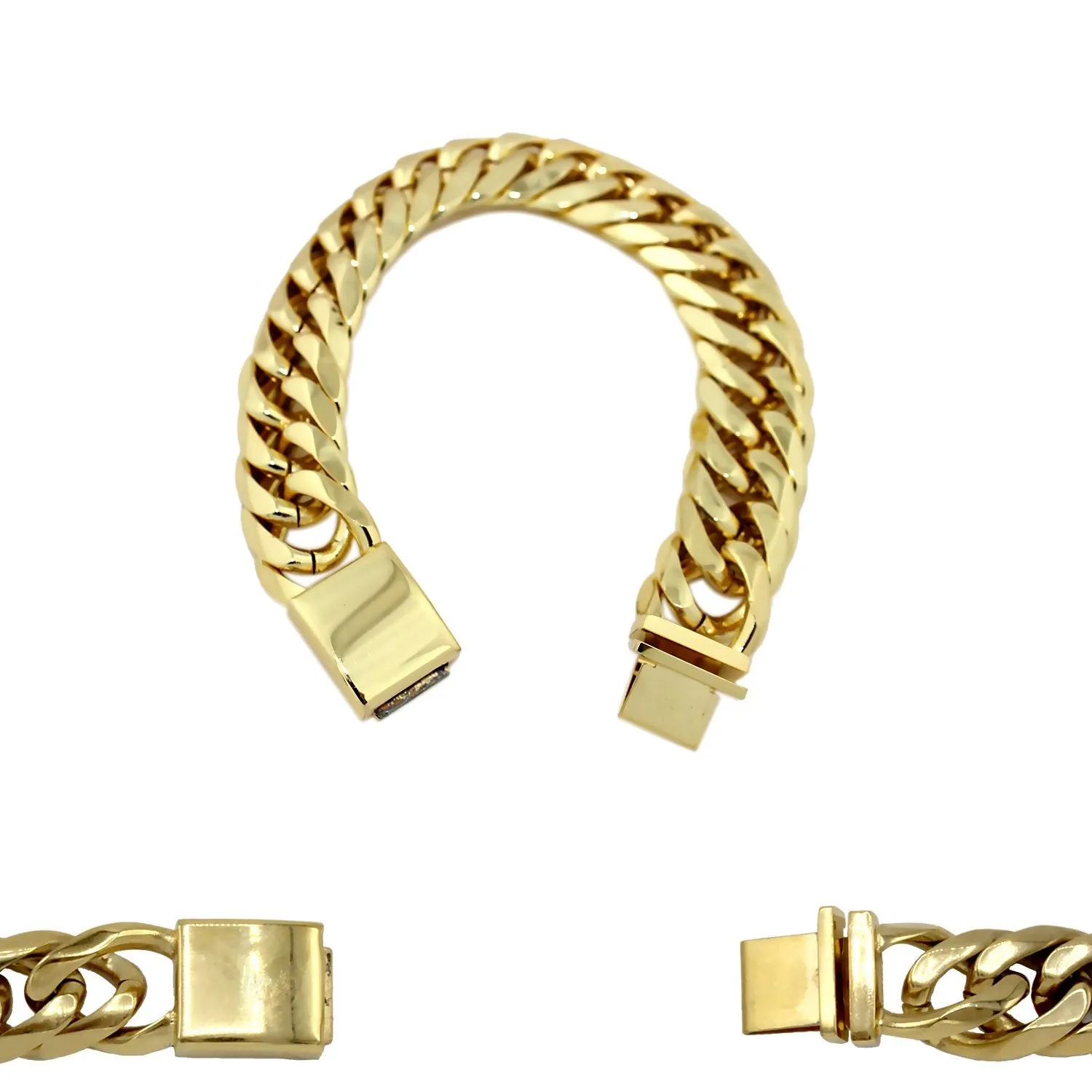 Miami Cuban Link Chain Bracelet 18K Gold Plated Stainless Steel Double Link