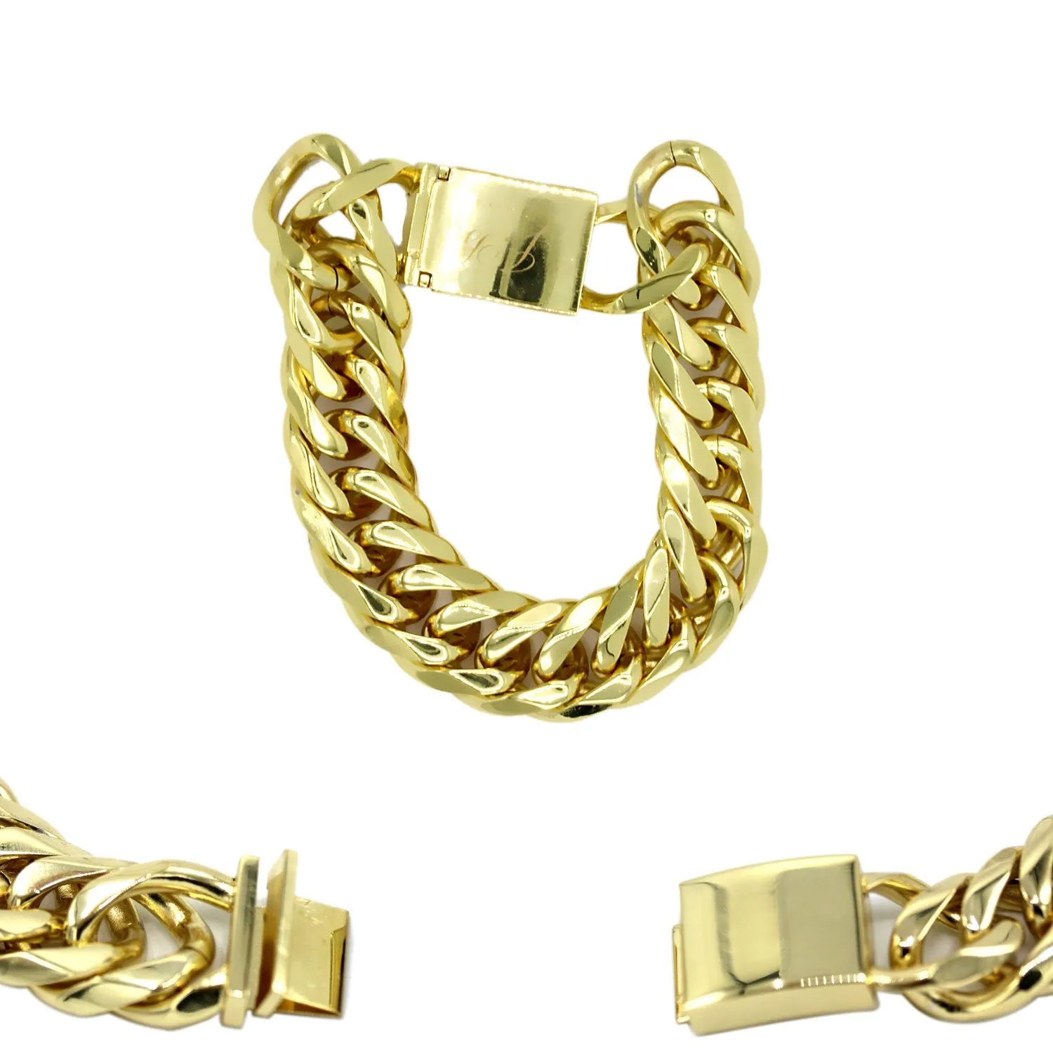 Miami Cuban Link Chain Bracelet 18K Gold Plated Stainless Steel Double Link