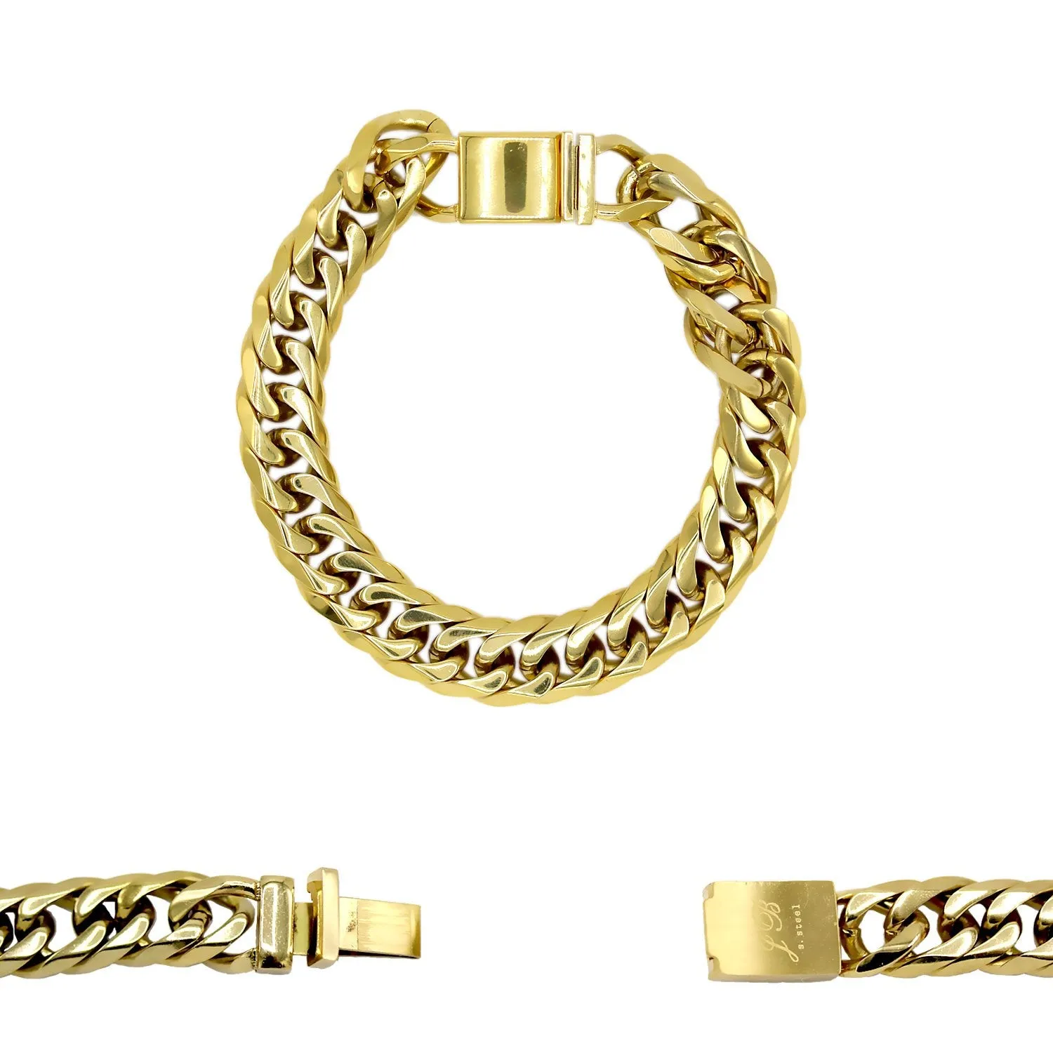 Miami Cuban Link Chain Bracelet 18K Gold Plated Stainless Steel Double Link