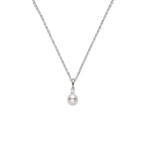 Mikimoto 18K White Gold Necklace with Cultured White Pearl & Diamond Pendant