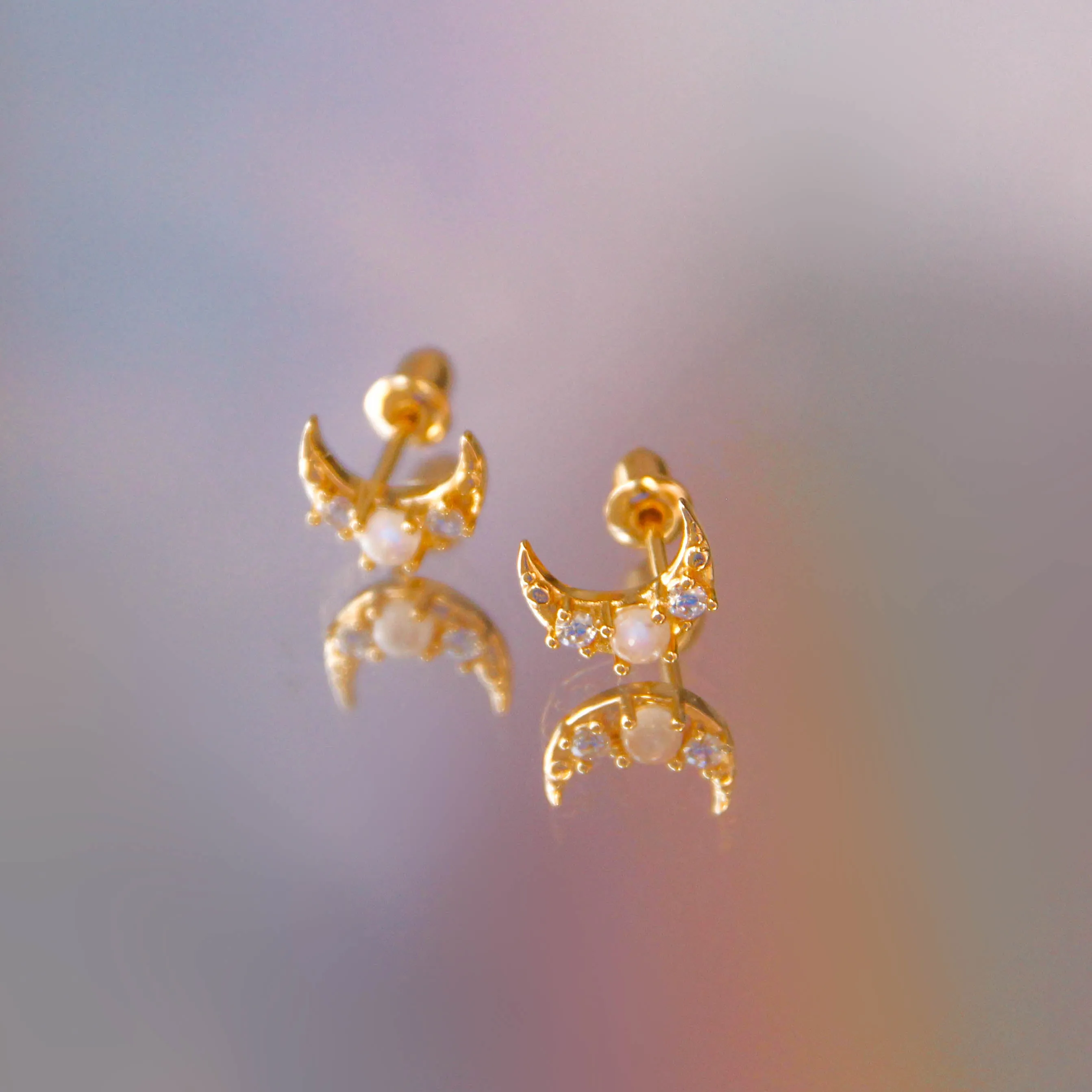 Moonstone Gold Moon Stud Earrings - Mona