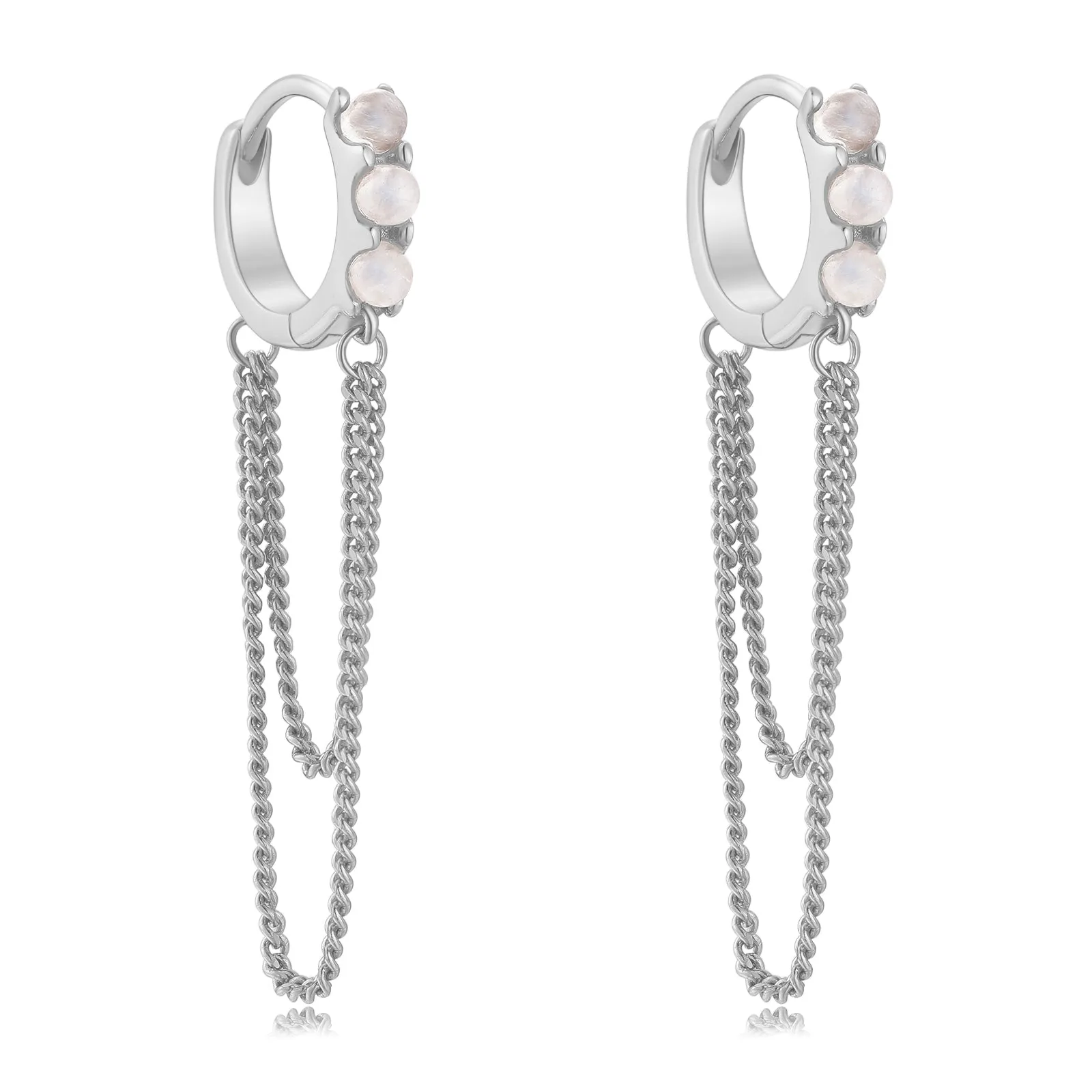 Moonstone Silver Chain Huggie Hoop Earrings