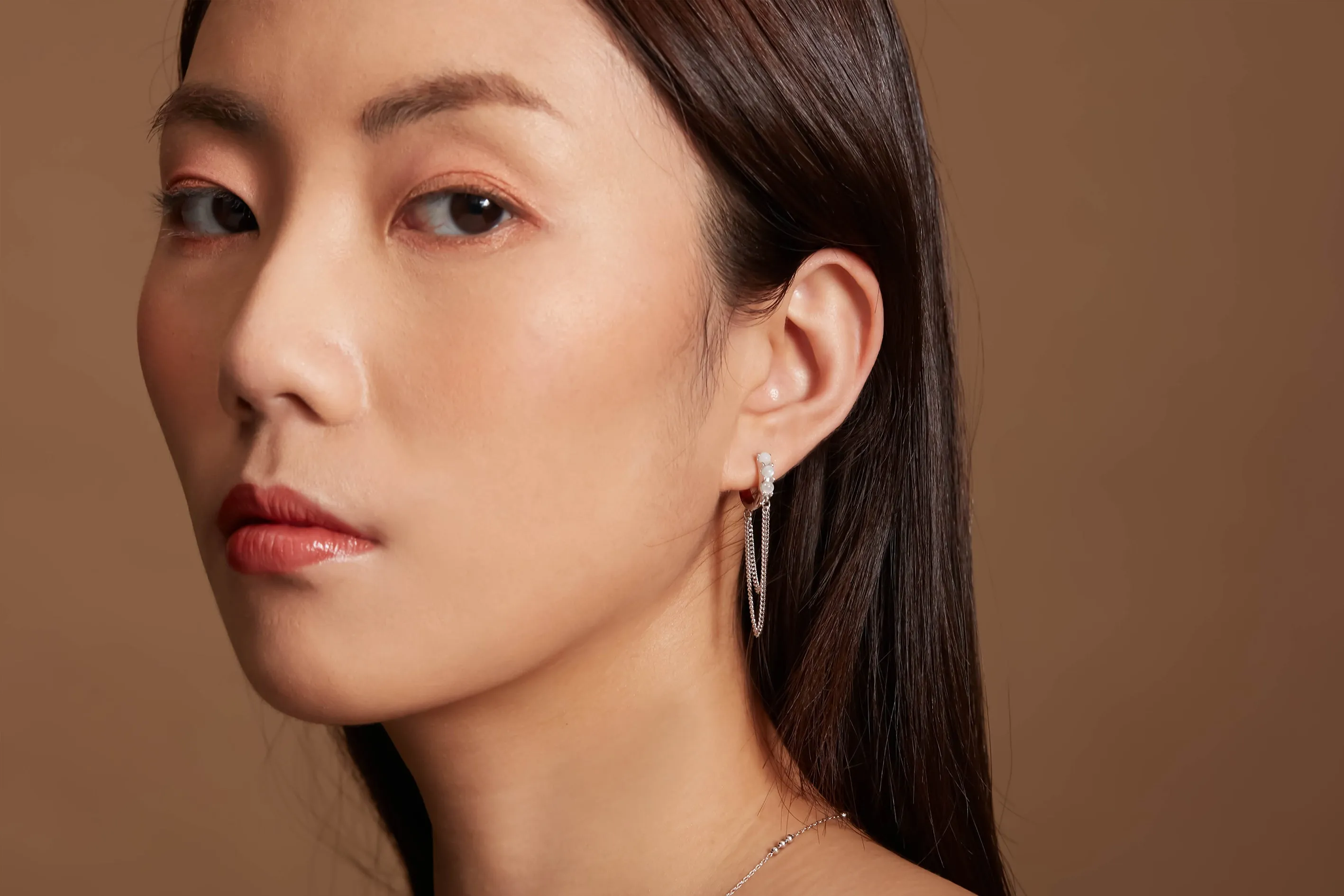Moonstone Silver Chain Huggie Hoop Earrings