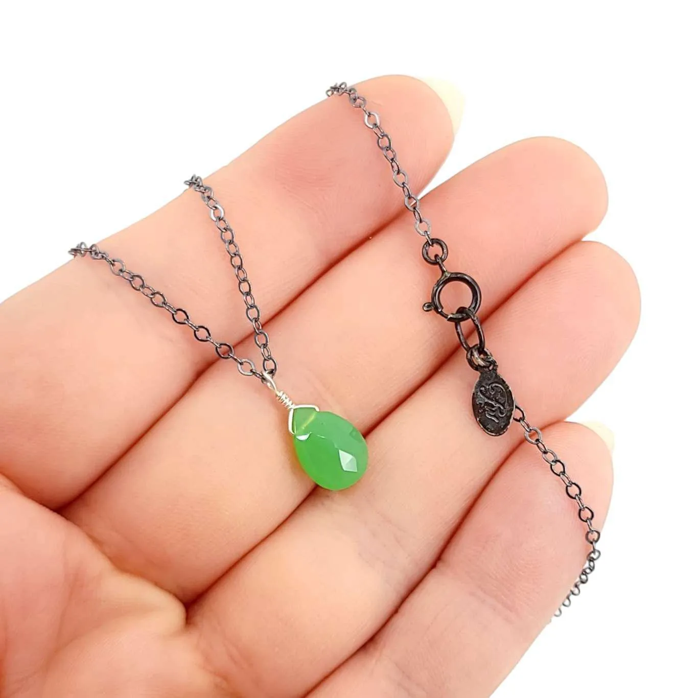 Necklace - Mint Green Chrysoprase Gemstone Oxidized Sterling by Foamy Wader