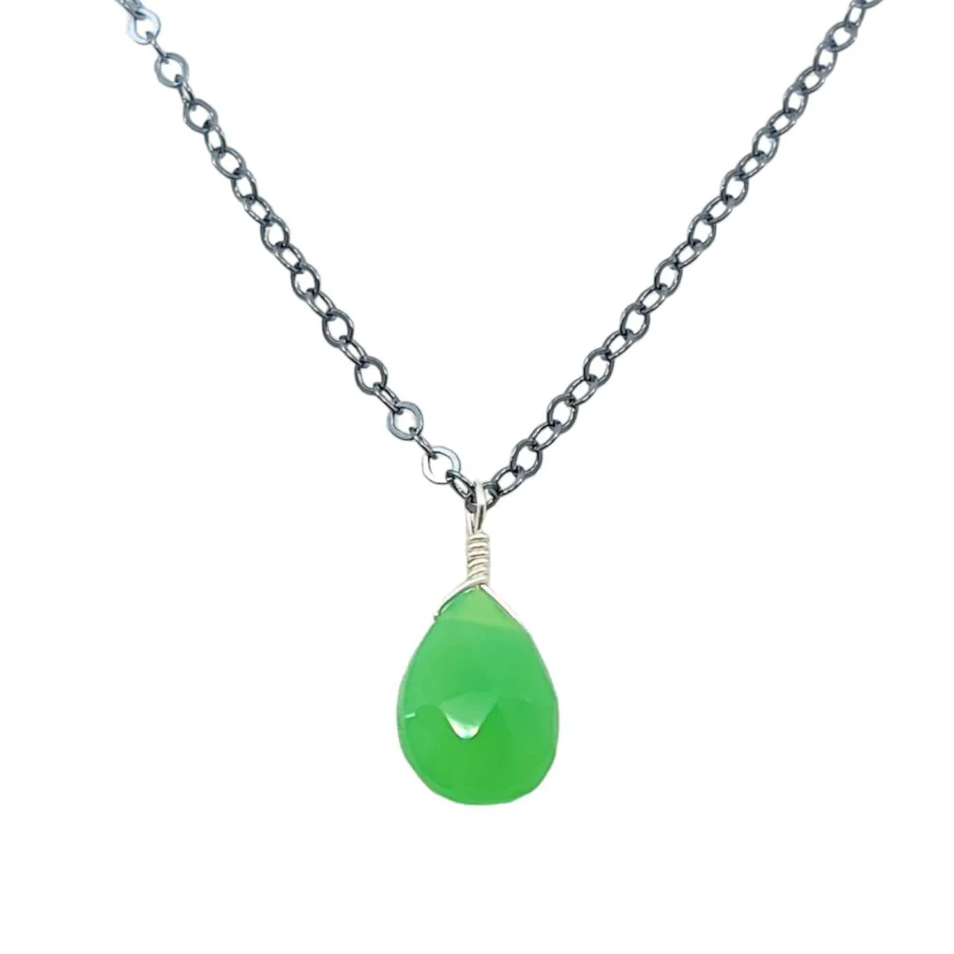 Necklace - Mint Green Chrysoprase Gemstone Oxidized Sterling by Foamy Wader