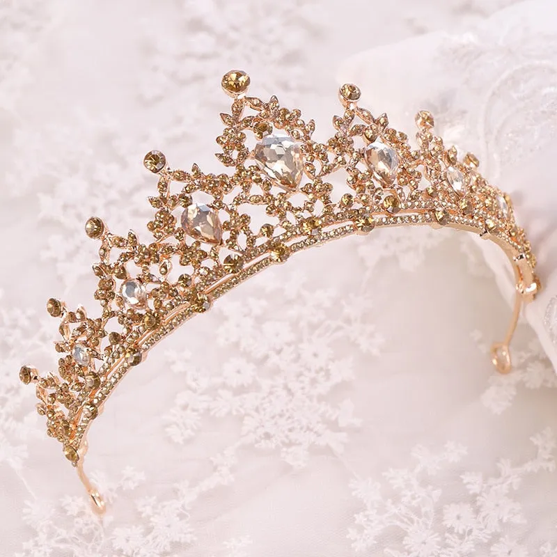 New Fashion Baroque Luxury Crystal AB Bridal Crown Tiara Light Gold Color Diadem Tiaras for Women Bride Wedding Hair Accessories