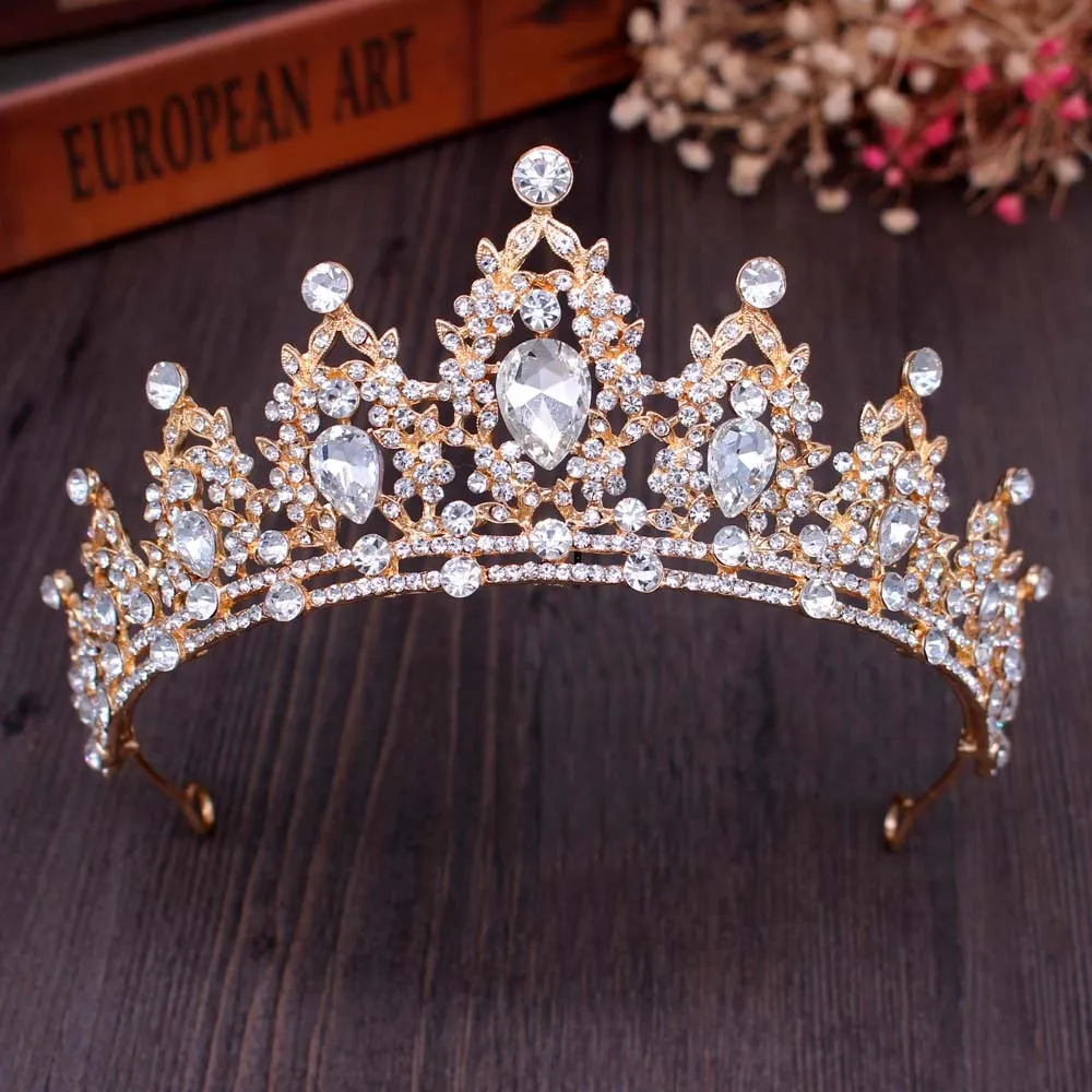 New Fashion Baroque Luxury Crystal AB Bridal Crown Tiara Light Gold Color Diadem Tiaras for Women Bride Wedding Hair Accessories