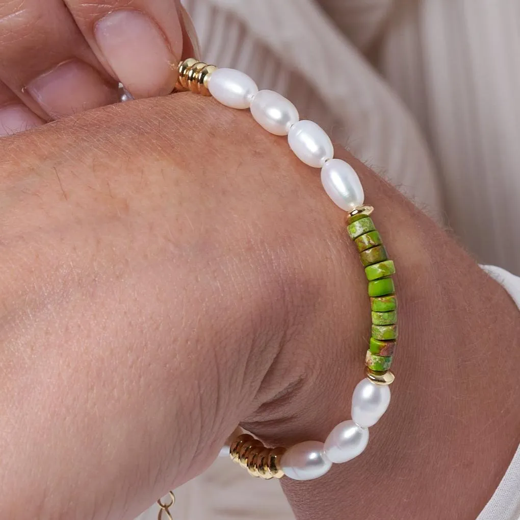 Nova oval cultured freshwater pearl bracelet with green jasper & gold beads