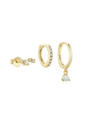 Opal Hoop and Stud Earrings Set, .925 Sterling Silver, 18K Gold Plated Luxury Huggie Three (3) Earrings Set