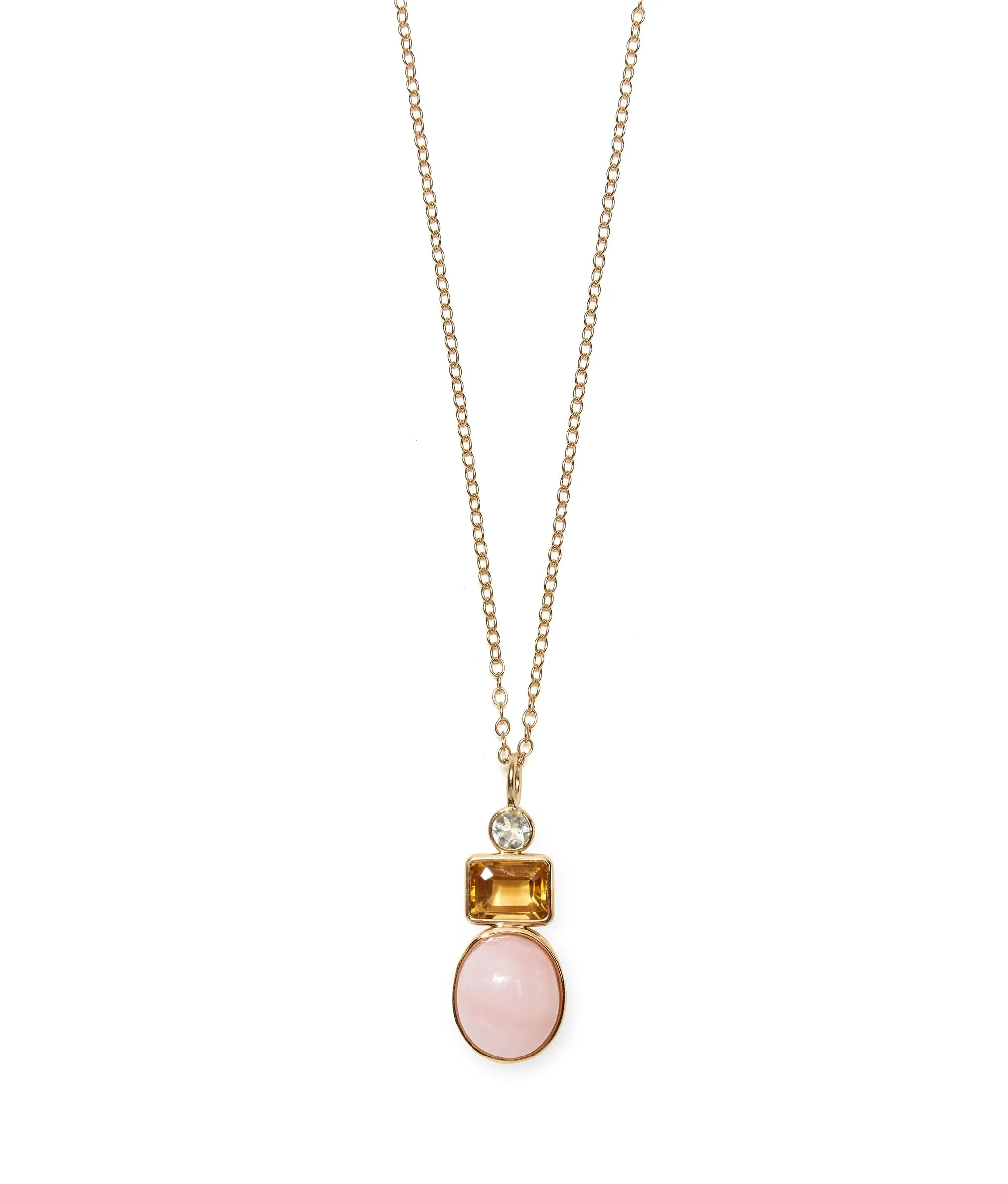 Oval Column 14k Gold Necklace Charm in Green Amethyst, Citrine & Pink Opal Cabochon