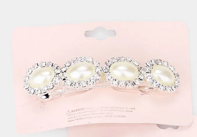 Oval Pearl Detail Rhinestone Trim Hair Barrette Silver or Gold