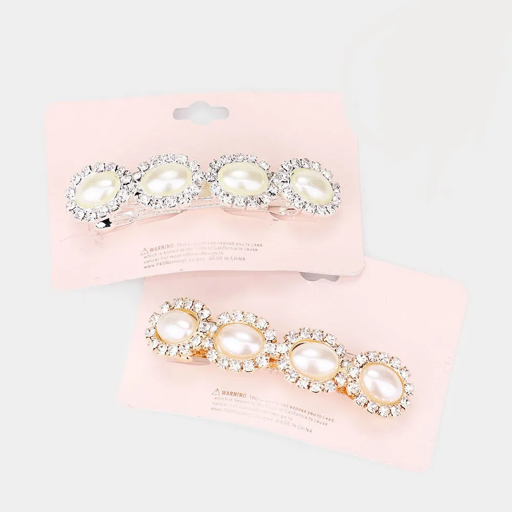 Oval Pearl Detail Rhinestone Trim Hair Barrette Silver or Gold