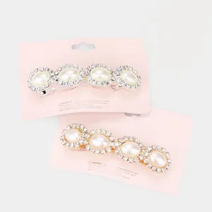 Oval Pearl Detail Rhinestone Trim Hair Barrette Silver or Gold