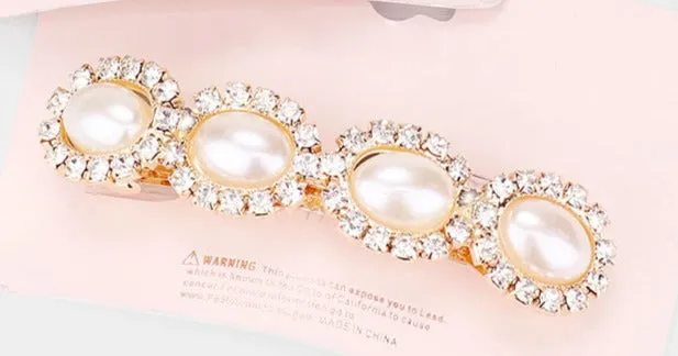 Oval Pearl Detail Rhinestone Trim Hair Barrette Silver or Gold