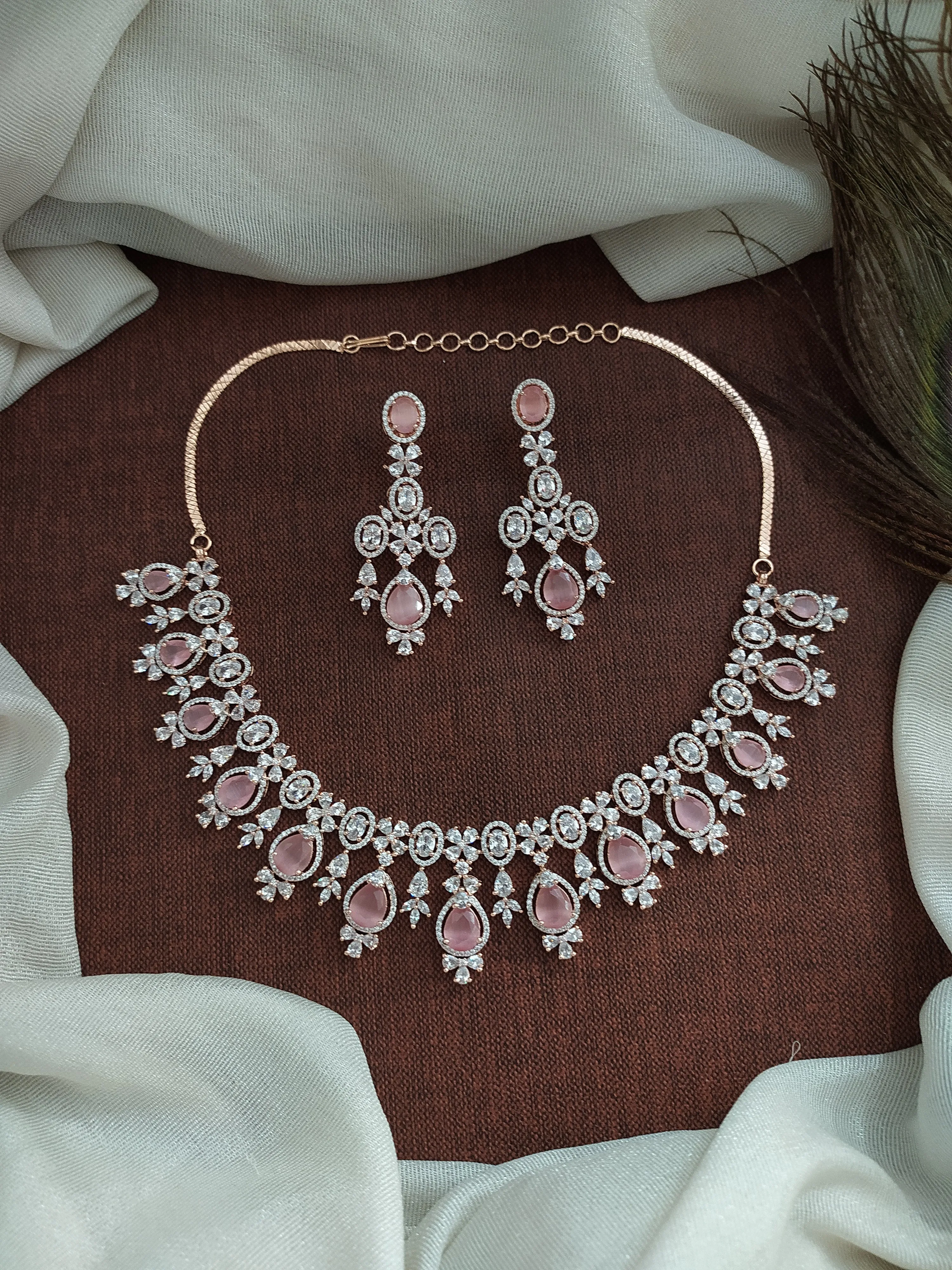 Pear Shape Rose-Gold Necklace Set in Baby Pink and Mint