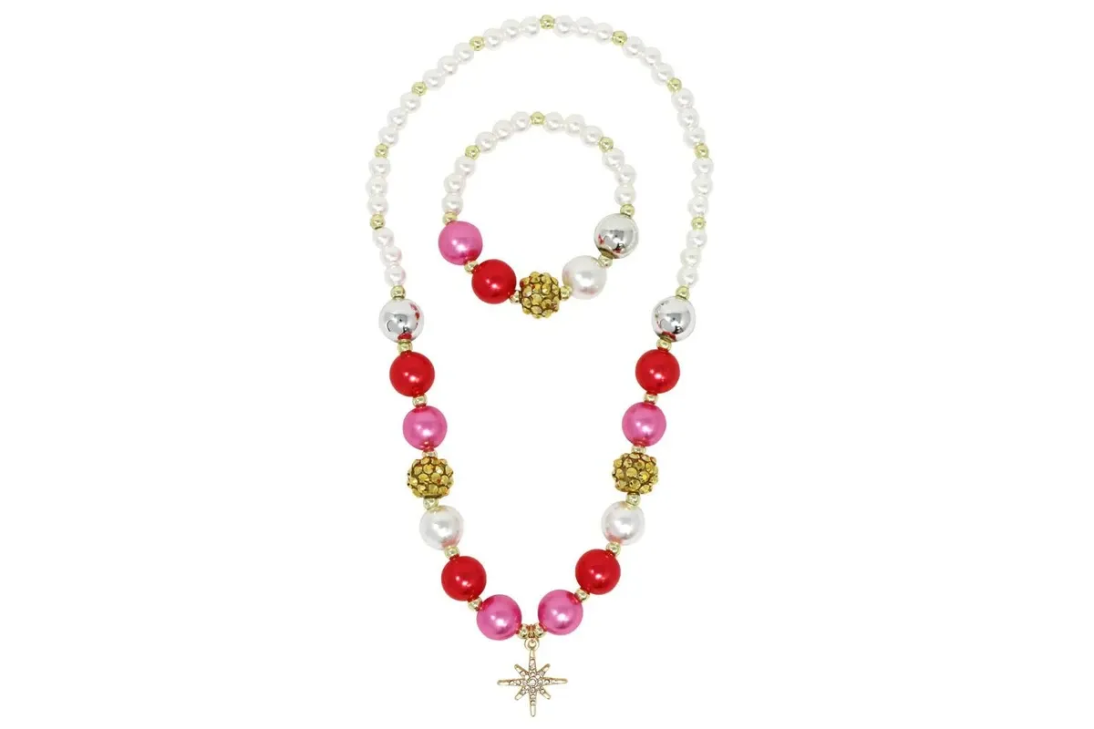 Pink Poppy Christmas Necklace And Bracelet Set With Sparkly Star Charm