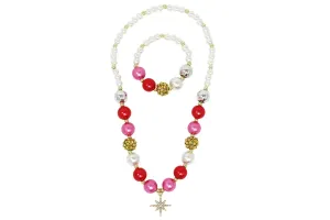 Pink Poppy Christmas Necklace And Bracelet Set With Sparkly Star Charm