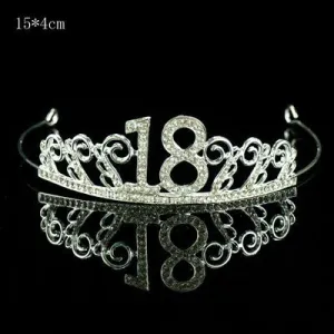 Premium 18th Birthday Metal Tiara with Diamond Cake Decoration - Silver