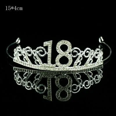 Premium 18th Birthday Metal Tiara with Diamond Cake Decoration - Silver
