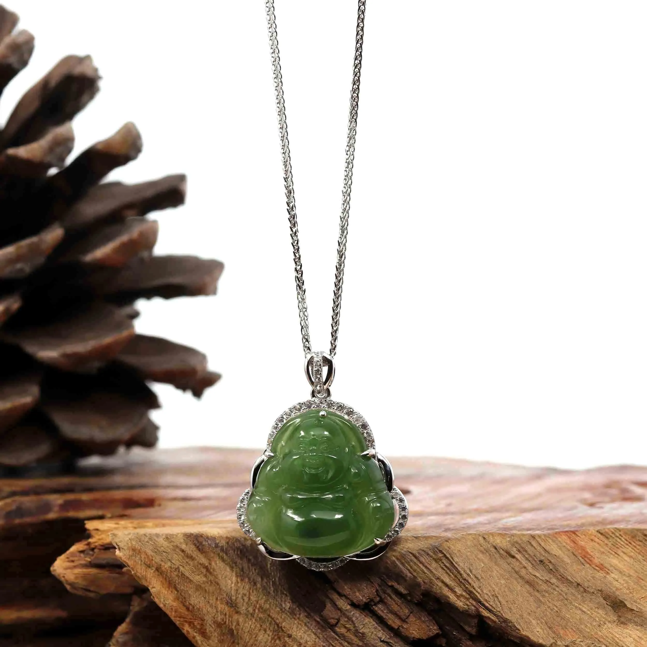RealJade® Co. Sterling Silver Genuine Nephrite Green Jade Small Buddha Pendant Necklace