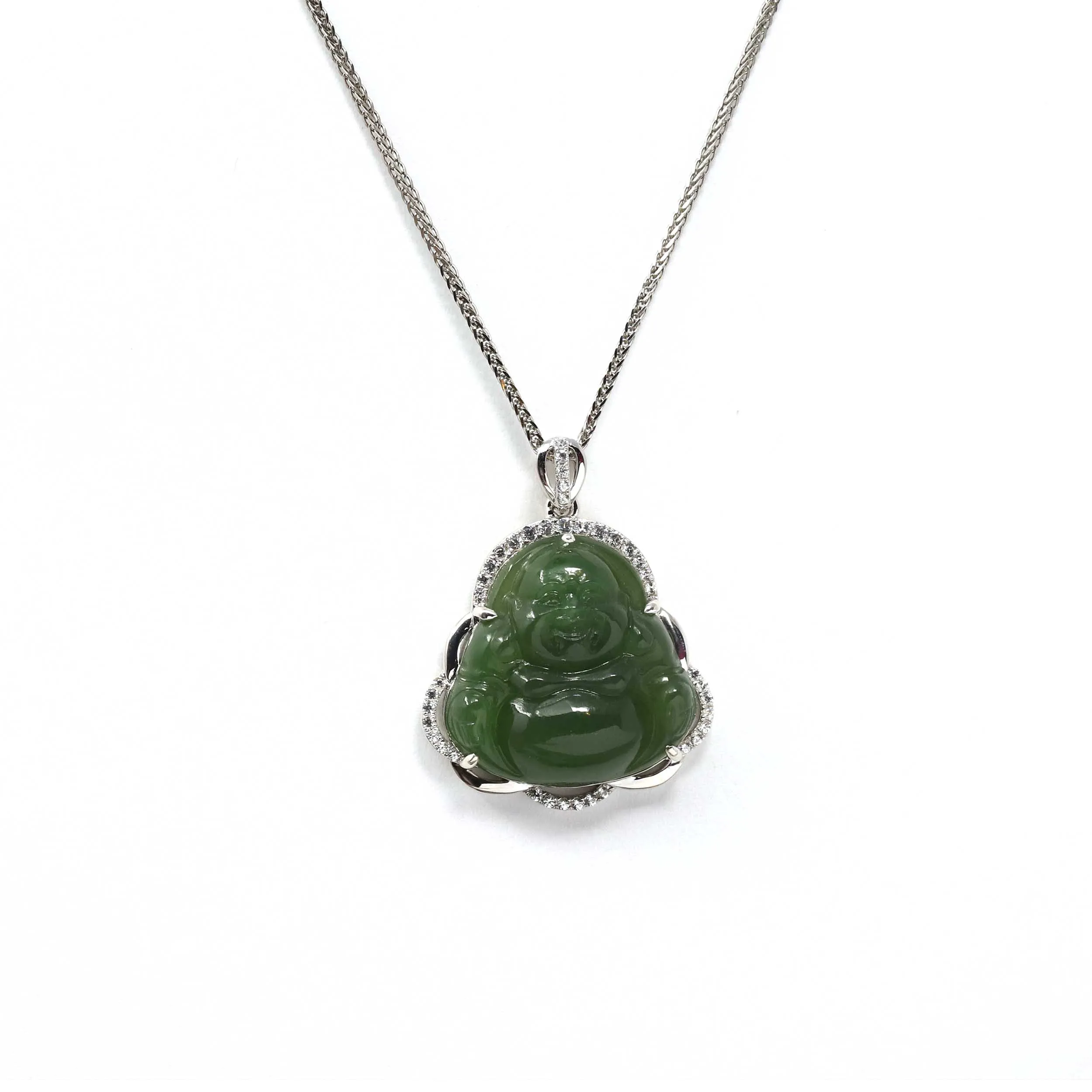 RealJade® Co. Sterling Silver Genuine Nephrite Green Jade Small Buddha Pendant Necklace