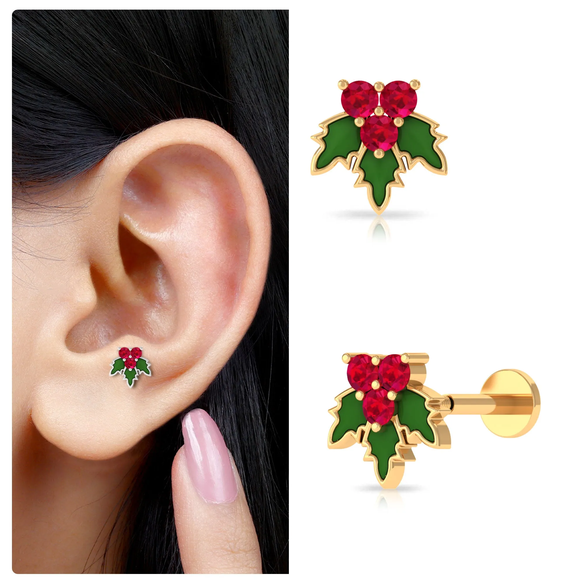 Red Christmas Ruby Holy Earring with Green Enamel