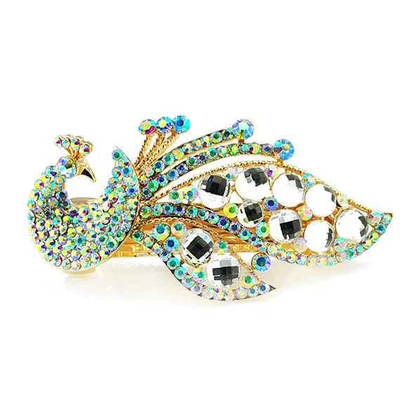 Rhinestone Gold Finish Peacock Hair Barrette