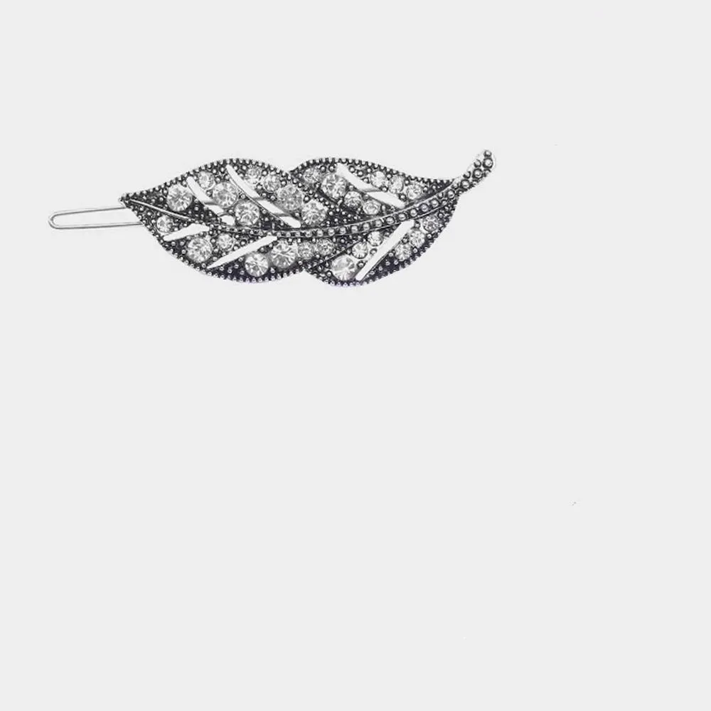 Rhinestone Metal Leaf Barrette Two Finishes
