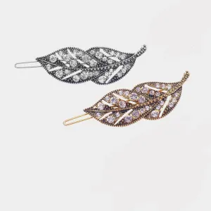 Rhinestone Metal Leaf Barrette Two Finishes