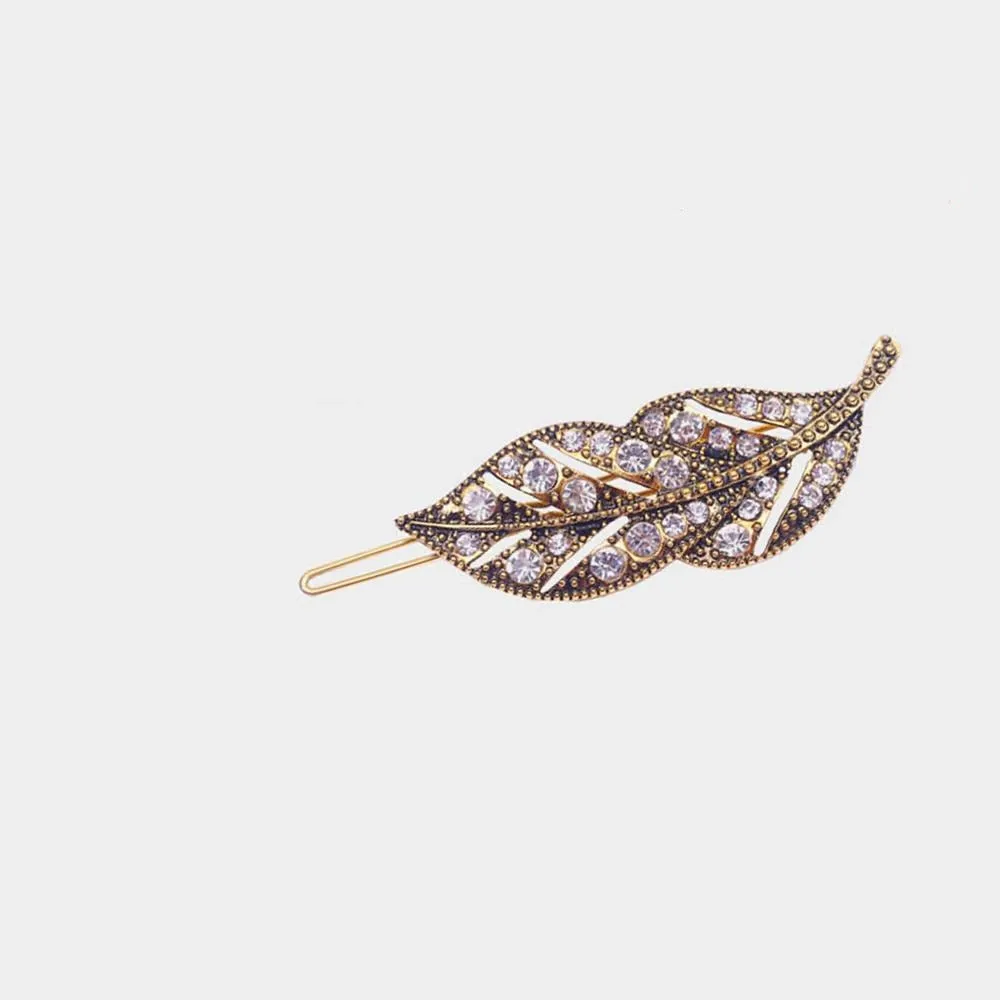 Rhinestone Metal Leaf Barrette Two Finishes