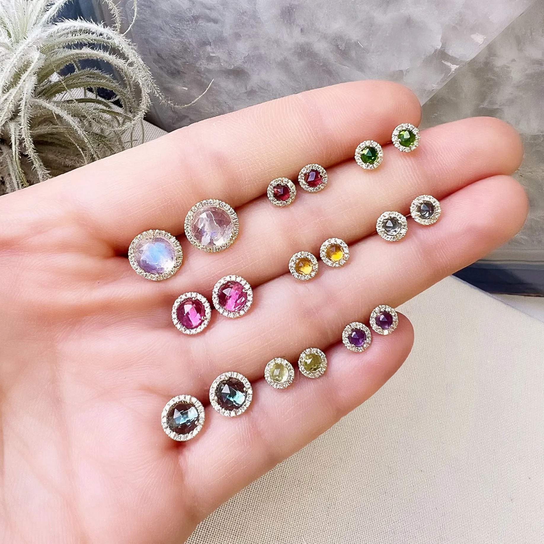 Rosie 3.0mm Rainbow Moonstone & Diamond Post Earrings